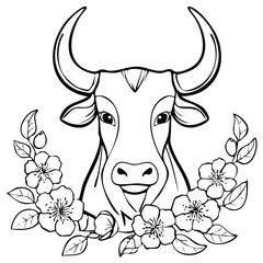 Stylized outline drawing of a bull or cow head with a beautiful floral wreath