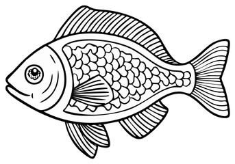 A simple black and white fish illustration with detailed scales. Outline drawing for coloring book page or logo.