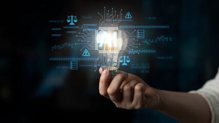 AI circuit microchip with glowing blue lines, surrounded by legal scales, warning symbols, data sheets, and binary codes, representing ethical AI, AI governance, and data integrity Latch