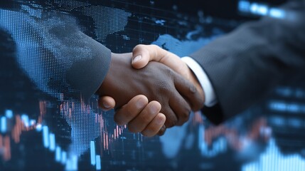 Business Agreement: An eye-level shot captures a firm handshake between two individuals in professional attire, symbolizing a successful business deal. The background of a stock chart.