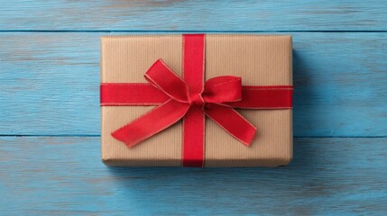Gift wrapped in brown kraft paper with red ribbon on a blue wooden surface, flat lay top view for holiday or celebration themes
