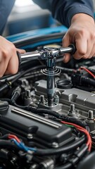 Fototapeta premium Mechanic hands working on car engine, repair and maintenance service. Automotive and industry concept for advertising and technical illustration.