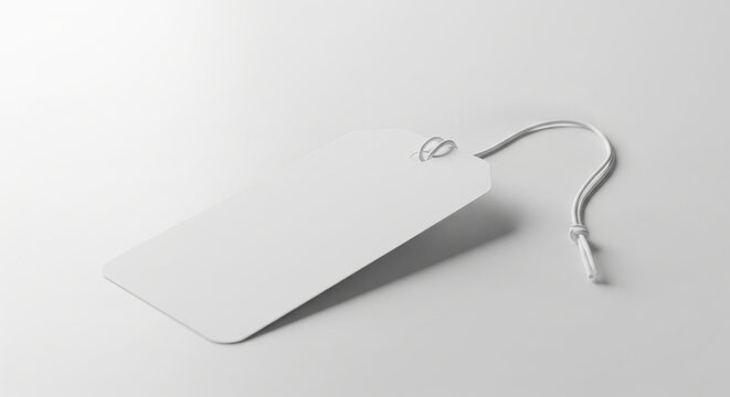 Trendy white color 2026 year. Blank white price tag with string on clean background for product labeling and branding. Neutral minimalistic design for retail or gift card.