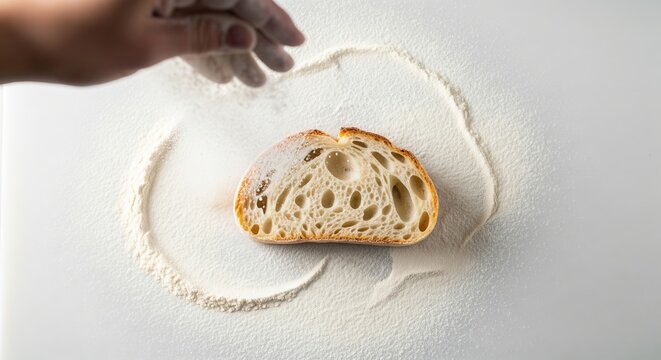 Trendy white color 2026 year. Hand sprinkling flour on a sliced sourdough bread against a white background with decorative flour swirl. Baking and cooking concept for food blogs and recipes.