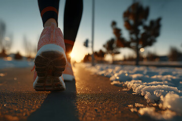 Close-up of bright red running shoes on asphalt at sunrise, capturing the energy of early morning fitness and determination in a bold, athletic moment.
