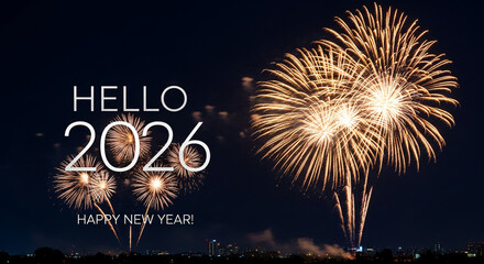 Night shot of golden firework explosions against a dark blue sky, spelling "Hello 2026" & "Happy New Year", symbolizing celebration and new beginning