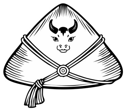 Stylized Ox Face on Traditional Asian Conical Hat Black and White Line Art