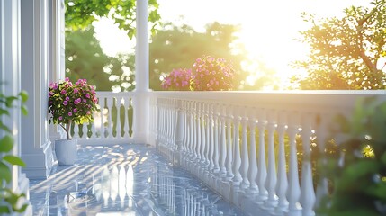 Fototapeta premium Sunlit veranda decorated with blooming pink flowers high resolution picture