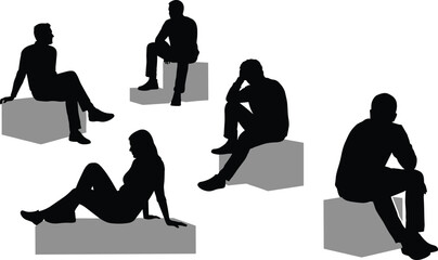 Silhouettes of people sitting on blocks in relaxed and thoughtful poses, versatile figure reference illustration for design, posture studies, modeling and creative projects