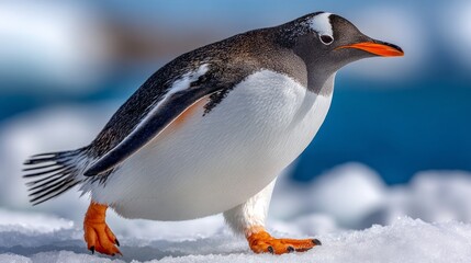 Fototapeta premium Gentoo Penguin Waddling on Antarctic Ice Floe, Capturing the Beauty of Polar Wildlife in Action