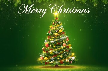 Elegant Merry Christmas greeting with sparkling, brightly lit Christmas tree centered on a rich green background, adorned with festive ornaments and golden light glitter.