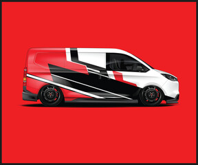 White van with red and black graphics on a red background © Vector Result