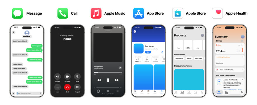 Imessage Call Apple Music App Store Apple Health 2026 layout showing updated chat bubbles calling screen playlists store pages and wellness panels in a clean modern vector illustration