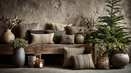 Fototapeta premium Cozy rustic interior with a wooden bench, neutral pillows, ceramic and woven vases, dried branches, a small evergreen tree, and glowing candles, embodying biophilic design, slow living