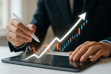 Business professional analyzing financial growth with digital chart and upward arrow on tablet representing successful investment strategy