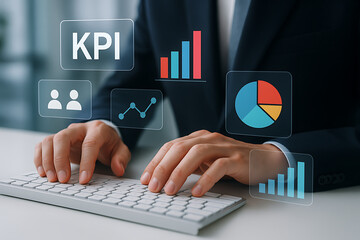 Business professional analyzing KPI metrics and performance data with digital charts and graphs on virtual dashboard in office