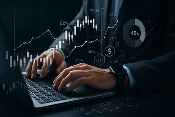 Business professional analyzing laptop finance dashboard with digital graphs charts and stock data representing investment and trading strategy