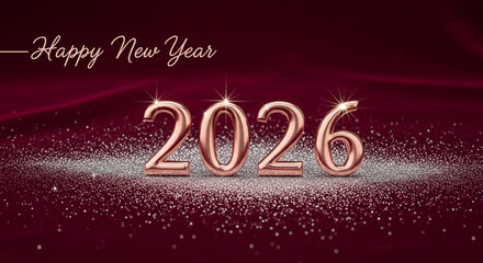 Rose gold numbers 2026 on a glittery surface, a festive image representing new year celebration, fresh start and future prospect, on red background