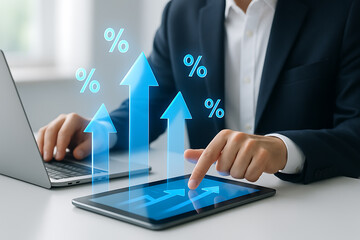 Business professional analyzing virtual upward arrows and percentage growth chart with digital tablet for financial strategy