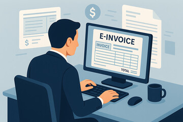 Business professional at desk working with computer digital e invoice software system for accounting billing payment recording and finance