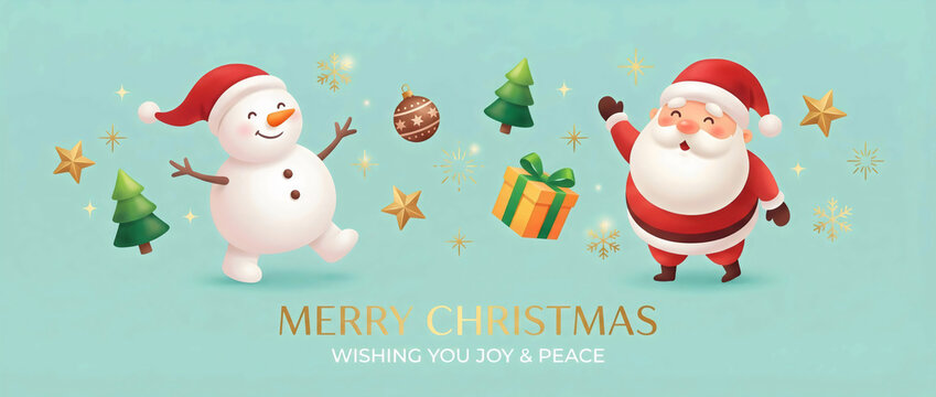 Cute christmas background with santa claus snowman trees stars and gift for holiday season greeting card