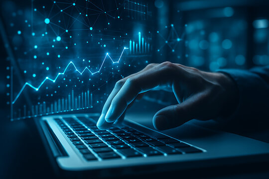 Business professional hand working on laptop keyboard with futuristic holographic graphs statistics and financial data network