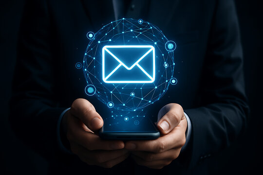 Business professional holding smartphone with digital email icon and global network connections for secure online communication - Powered by Adobe
