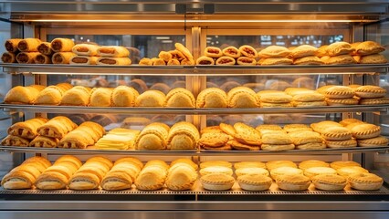 Savory pastries showcase: golden baked goods in display case for bakery, cafe, or food service advertising