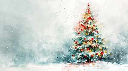 A watercolor illustration of a decorated Christmas tree in a snowy winter landscape. Festive holiday background with copy space for text