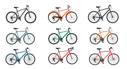 Fototapeta premium Diverse set of nine colorful bicycles featuring different models like mountain, road, and city bikes for various transport needs.