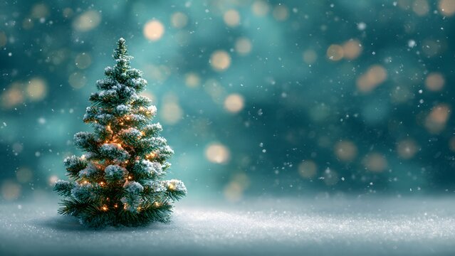 Illuminated Christmas tree covered in fresh snow on sparkling ground, set against a magical teal blue background with falling snowflakes and warm golden light bokeh.