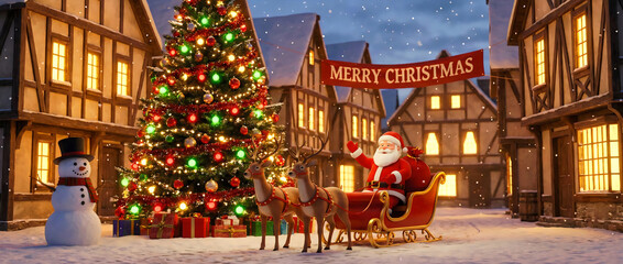Christmas santa claus sleigh reindeer christmas tree snowman town festive holiday season winter scene