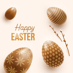 A light Easter poster in warm beige-brown tones featuring glossy decorative eggs with polka dots, floral motifs, and stripes