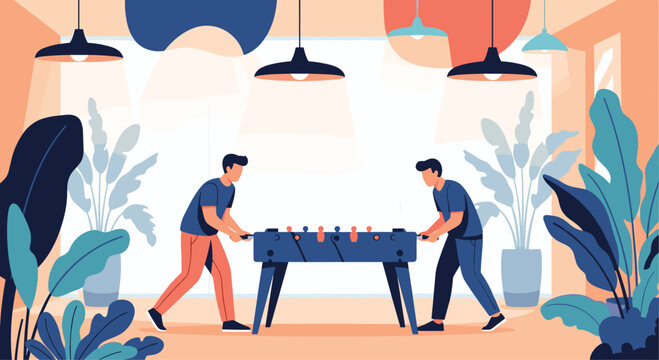 Two young men enjoying a friendly game of table football or foosball in a modern, plant-filled recreational office or cafe.