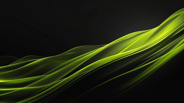 Flowing green light waves on a black background. Abstract modern wallpaper with dynamic fluid motion and copy space for text
