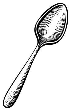 Vintage spoon illustration in a detailed black and white woodcut etching style
