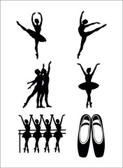 Ballet dancers and pointe shoes silhouette performance Gentleman's Accessories Icon Set.