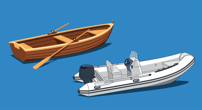 Two different types of boats, a traditional wooden rowboat with oars and a modern rigid inflatable boat with a motor.