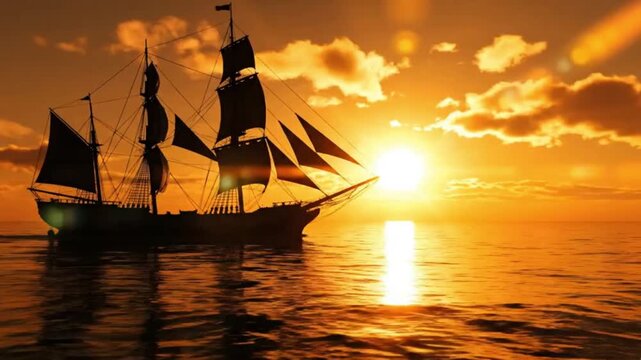 Silhouette of a large historic tall ship sailing on the ocean during a dramatic, vibrant orange and yellow sunset with sun flare