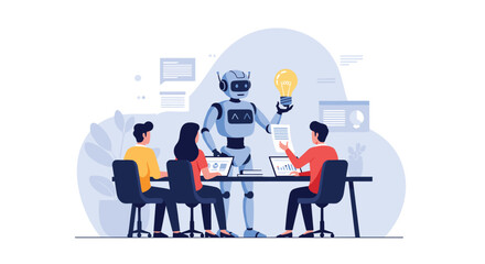 Futuristic robot presenting a bright idea with a lightbulb to a team of business people during a collaborative meeting in an office.