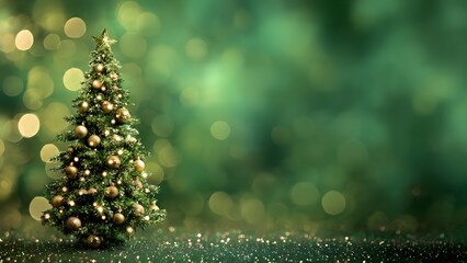 Festive Christmas tree decorated with glittering gold ornaments and sparkling lights, standing on green glitter with a deep emerald bokeh background and ample copy space.