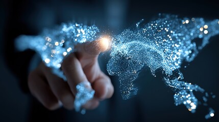 Global Touch: A hand delicately interacts with a digital representation of Earth, symbolizing interconnectedness, technological advancement, and the boundless reach of communication across the world.