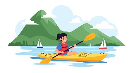 Happy young girl wearing a life vest enjoys kayaking on a serene lake, with green mountains and sailboats in the background.