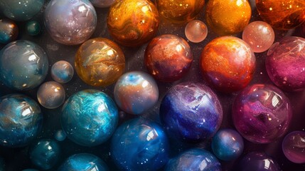 Vibrant collection of cosmic spheres resembling planets and galaxies. Abstract universe background with colorful glossy orbs