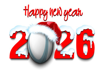 Naklejka premium Happy new year. Snowy numbers 2026 with rugby ball in a Christmas hat. Original template design for greeting card, banner, poster. Vector illustration on isolated background