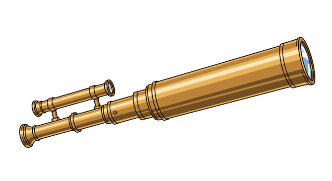 Vintage brass telescope or spyglass illustration, a classic nautical or astronomical instrument for observation, discovery, and exploration.