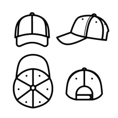 Simple black and white illustrations of various baseball cap styles