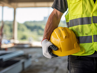 Professional construction worker holding yellow hardhat with safety vest, ready for work at a modern building site with bright daylight