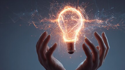 Illuminating Innovation: A radiant light bulb is held gently in hands, surrounded by sparks, signifying the birth of innovation and brilliance.