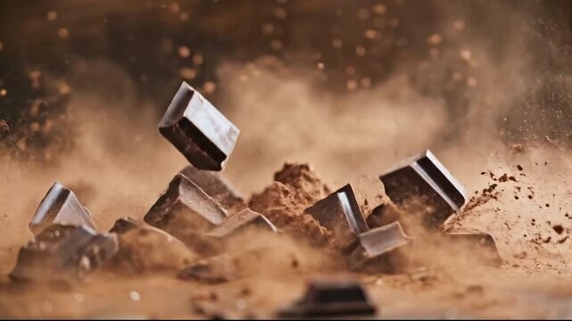 Dark chocolate squares fall into a cloud of cocoa powder captured in a dynamic mid-air close-up shot